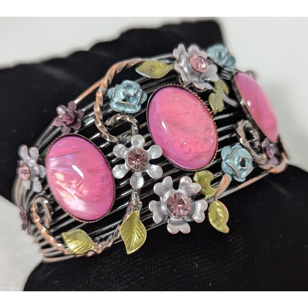 Cuff bracelet S/M pink cabochons Ename,l rhinestones see photos for measurements